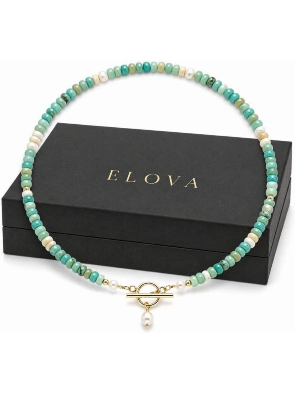 Handmade Turquoise Beaded Choker Necklace with Pearl Accent & Gold Clasp - Boho